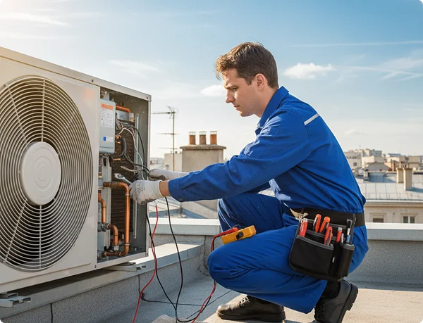 HVAC technician working on air conditioning unit